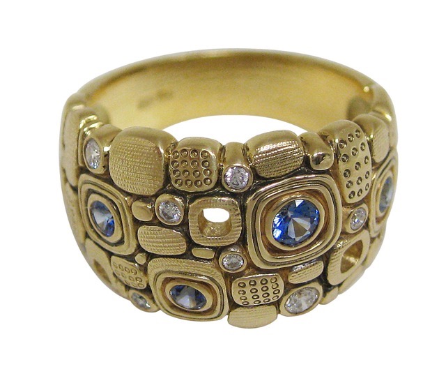 R101S
18K yellow gold, sapphire and diamond “Little Windows” dome ring, 9 white diamonds totaling 0.14 ct and 4 sapphires totaling approximately 0.27 ct.
Available by special order, sizes up to 8 ¾ $3,665, sizes 9-12 $4,085.
