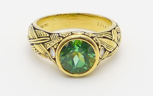 R-55
“Reed” green tourmaline ring,18K yellow gold, 2.51 ct Green Tourmaline, 4 diamonds totaling 0.12 ct. 
Available for immediate delivery in finger size 6 ½ 
$6,975
