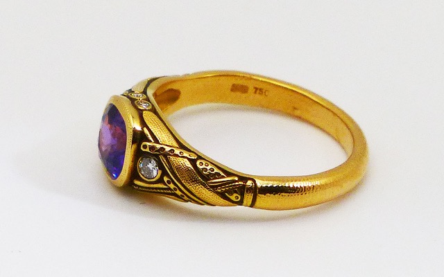 R-81R
“Reed” sapphire ring, 18K rose gold, 1.08 cts Purple Sapphire center, 6 diamonds totaling 0.10 ct. 
Available for immediate delivery in finger size 6.
$3,860
