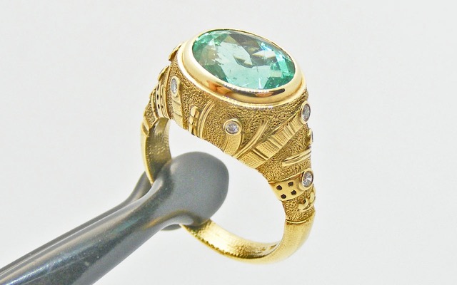 R-152MD
“Sea Grass” beryl ring, 18K yellow gold, 3.40 ct Mint Chrome Beryl, 10 diamonds totaling 0.14 ctw. Available for immediate delivery in finger size 7. 
$9,975

