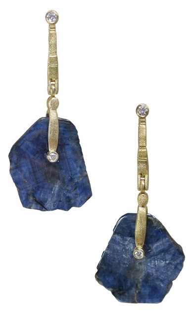 “Sticks & Stones” earrings, 18K yellow gold, 23.37 cts Blue Sapphire slices, .17 ctw diamonds (F-G/VVS), $3,275