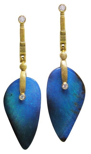E167MD
“Sticks & Stones” earrings,18K yellow gold, unique “Wing” Australian Boulder Opal Splits, .17 ctw accent diamonds (F-G/VVS), $7,475
