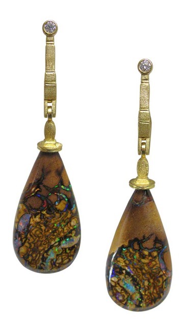 E132D
“Sticks & Stones” earrings, 18K yellow gold, Matrix Boulder Opal, diamonds = .11 ctw (F-G/VVS), $12,290
