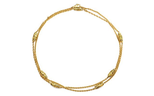 M-107DST
38” length necklace of 18KY cable chain and 7 “Circle” motif barrel bead stations that contain a total of 56 diamonds with a total weight of 0.91 ct. 
Immediate delivery
$19,930.00
