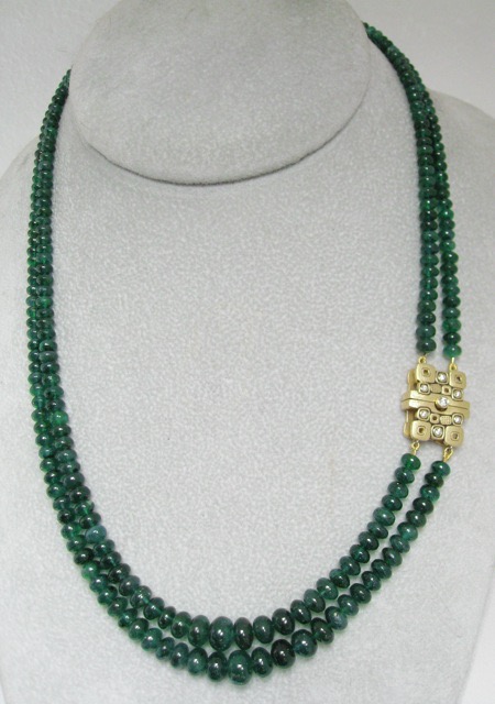 #M-71C (Sold)
“Little Windows” clasp, 18KY, 2-strands of Zambian Emerald Rondel beads = 150.0 ctw