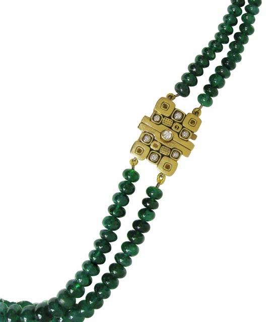 #M-71C (Sold)
“Little Windows” clasp, 18KY, 2-strands of Zambian Emerald Rondel beads = 150.0 ctw 
