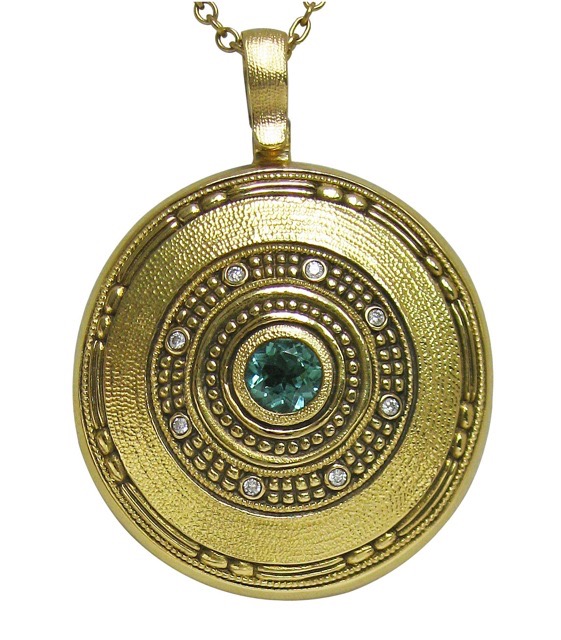#M-78D
“Circle” pendant, 18KY, .35 ct Green Tourmaline, .04 ctw Diamonds (F-G/VVS) $3,830.00
(Price does not include a chain).