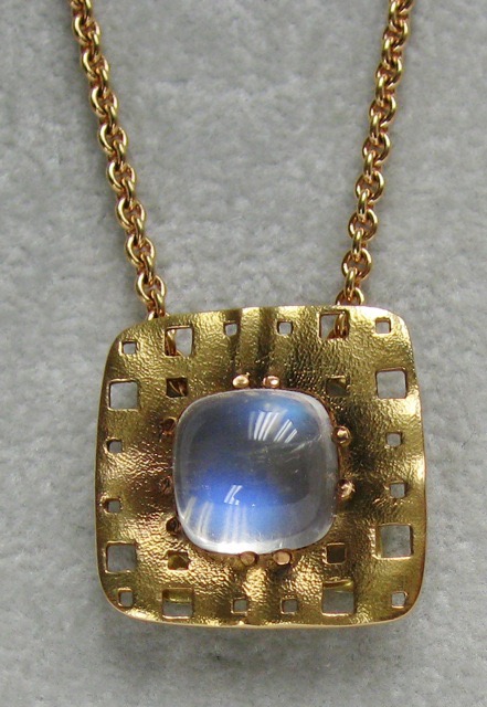 #M-44RM
“Square Characters” pendant, 18K Rose Gold, 3.71 ct Moonstone
(This item has been sold, but can be special ordered with a similar or different gemstone).
