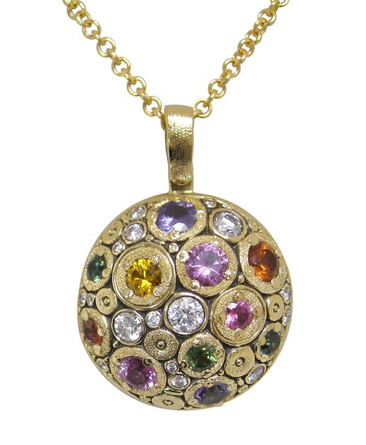 #M-49S
“Blooming Hill” pendant, 18KY, 2.0 ctw Sapphires, .52 ctw Diamonds (F-G/VVS), (18KY, 18” chain included) (This item has sold, but can be special ordered).