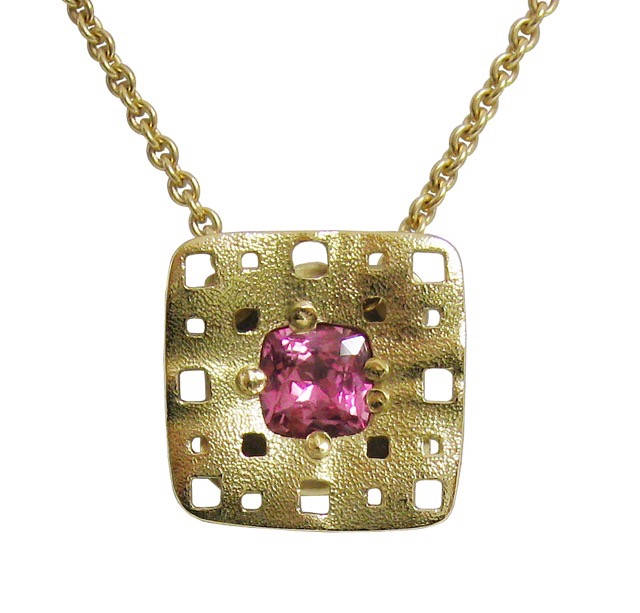 #M-41M
“Square” pendant, 18KY, .74 ct pink Sapphire, includes a 18KY 18” chain, $2,670.00