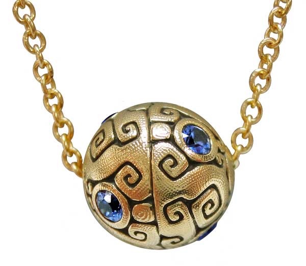 #M-14S
“J's Garden” ball pendant, 18KY, .56 ctw blue sapphires, (on a 16” 18KY 1.5mm chain), $2,485.00