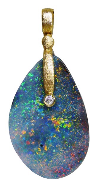 #M-57MD
“Sticks and Stones” pendant, 18KY, 18.01 ct Australian Boulder Opal, .03 ctw Diamond 
(This item is sold, but other opal pendants like this are available.)
