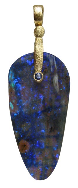 #M-57MS (Sold)
“Sticks and Stones” pendant, 18KY, Australian Boulder Opal, .04 ctw Blue Sapphire