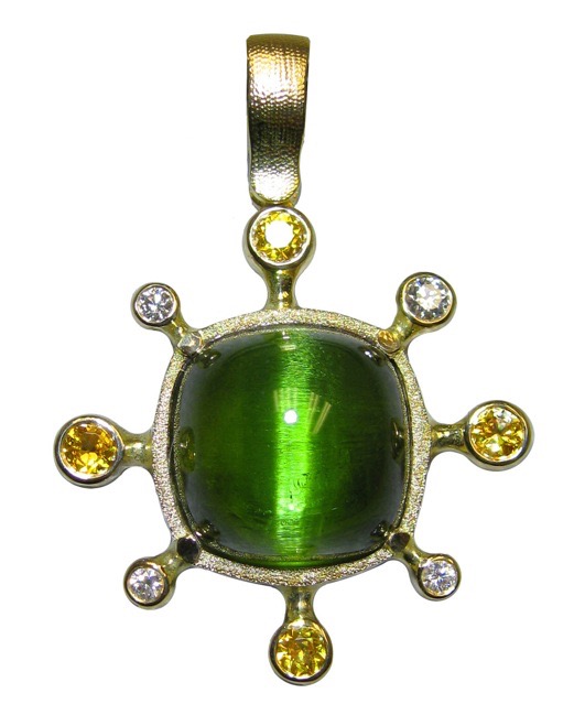#M-50S (Sold)
“Sticks and Stones” pendant, 18KY, 5.63 ct “Cats-eye” Green Tourmaline, .05 ctw Diamonds, .13 ctw yellow Sapphire.