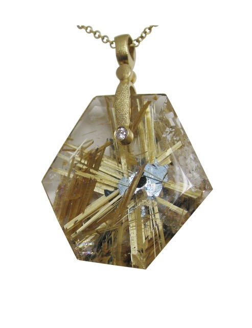 #M-57D (Sold)
“Sticks & Stones” pendant, 18KY, 35.57 ct Rutilated Quartz, .03 ct Diamond (F-G/VVS)