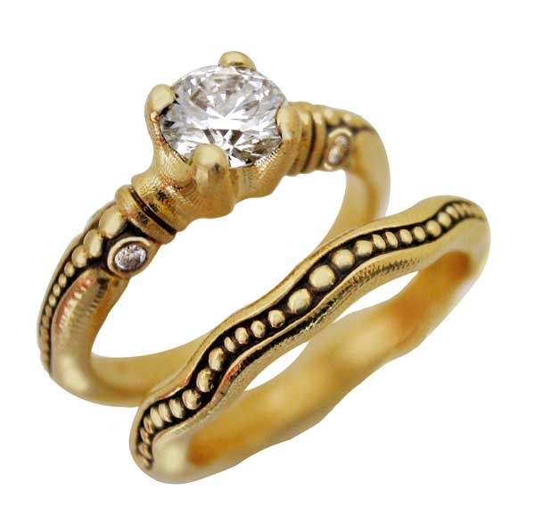 #E-52M
“Bubble” solitaire ring, 18KY, .59 ct E/SI1 center Diamond, .05 ctw Diamonds, size 6.5, $6,190.00 

#R-43
“Bubble” band, 18KY, size 7.5, $1,625.00