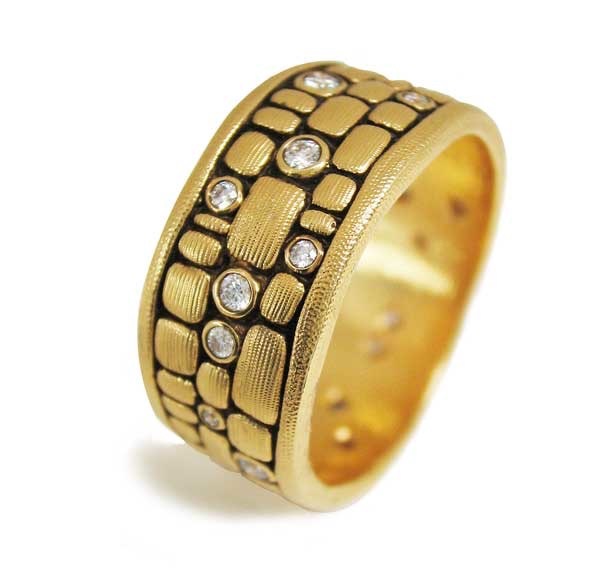 #R-125
“Stone” ring, 18KY, .24 ctw Diamonds, 8.5 mm wide, size 7, $4,950.00