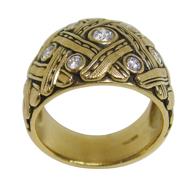 #R-61
“Lattice” ring, 18KY, .36 ctw Diamonds (F-G/VVS), 14.4mm wide, size 6.75 $5,200.00