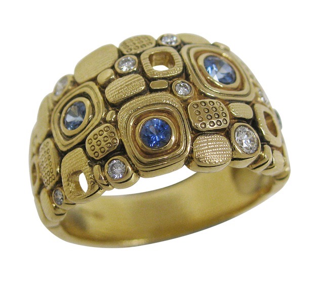 #R-101S
“Little Windows” ring, 18KY, .25 ctw blue Sapphires, .15 ctw Diamonds (F-G/VVS), size 6.5 $4,175.00