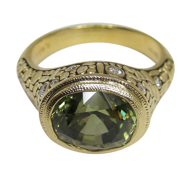 
#R-171MD
“Mosaic” ring, 18KY, 6.03 ct Green Zircon, .21 ctw of diamonds (F-G/VVS), 6.75 $5,270.00