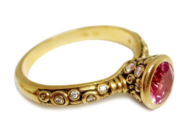 #R-127M
“Martini” ring, 18KY, .99 ct pink Sapphire, .15 ctw Diamonds (F-G/VVS), size 7.75 $4,125.00