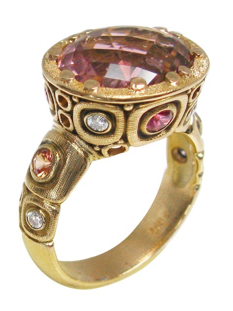 #R-108RMS
“Little Windows” ring, 18KR, 6.59 ct pink Tourmaline, .60 ctw Sapphires, .12 ctw Diamonds (F-G/VVS), size 6.25 $6,050.00