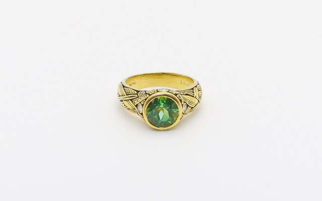 R-55
“Reed” green tourmaline ring,18K yellow gold, 2.51 ct Green Tourmaline, 4 diamonds totaling 0.12 ct. 
Available for immediate delivery in finger size 6 ½ 
$6,975
