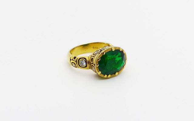 R-108AD
“Little Windows” Zambian emerald ring, 18K yellow gold, 6.46 ct Zambian Emerald, 18 diamonds totaling 0.48 ct. Available for immediate delivery in finger size 6 ¼ 
$32,317
