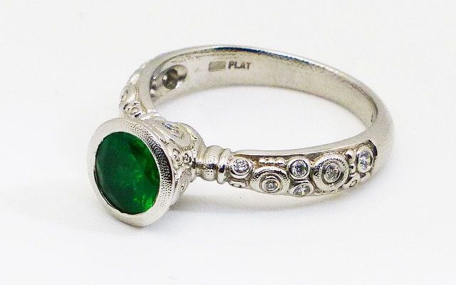 R128PP7.3
“Martini” ring in Platinum with a 0.96 ct Emerald and  17 diamonds of 0.20 ct total (F-G/VVS), in store at Studio Jewelers in a size 7
$7,035
